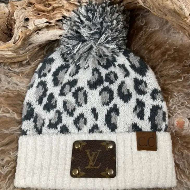 Winter White Leopard Hat with Luxury Vintage Bag Embellishment