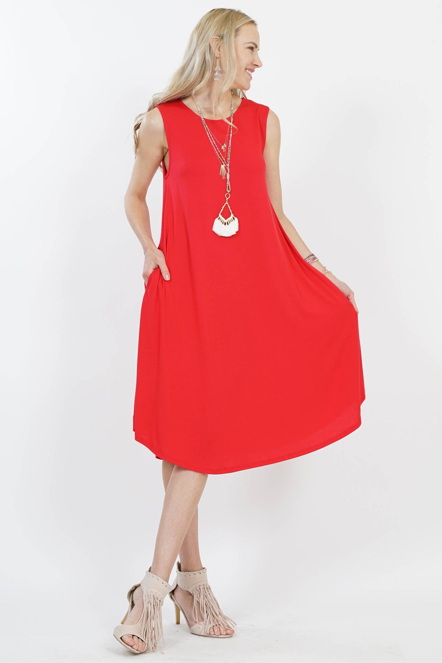 Ruby Red Sleeveless Round Neck Midi Dress with Pockets