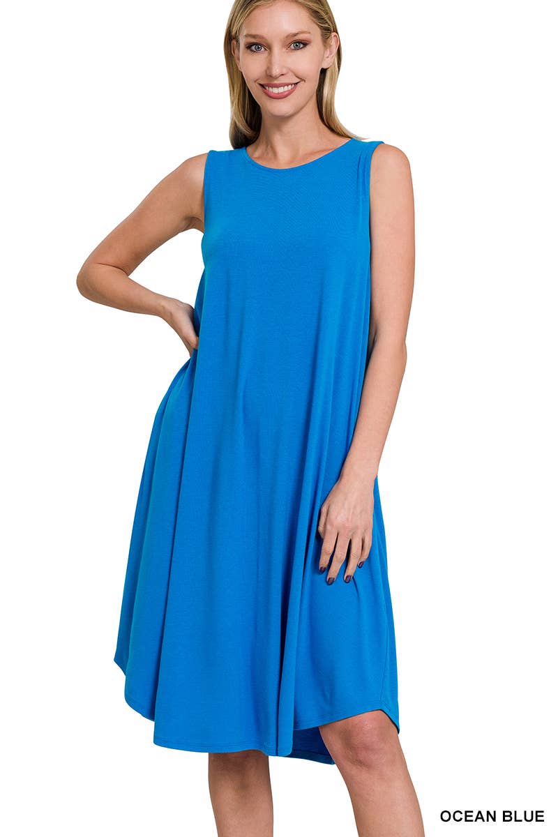 Ocean Blue Sleeveless Round Neck Midi Dress with Pockets