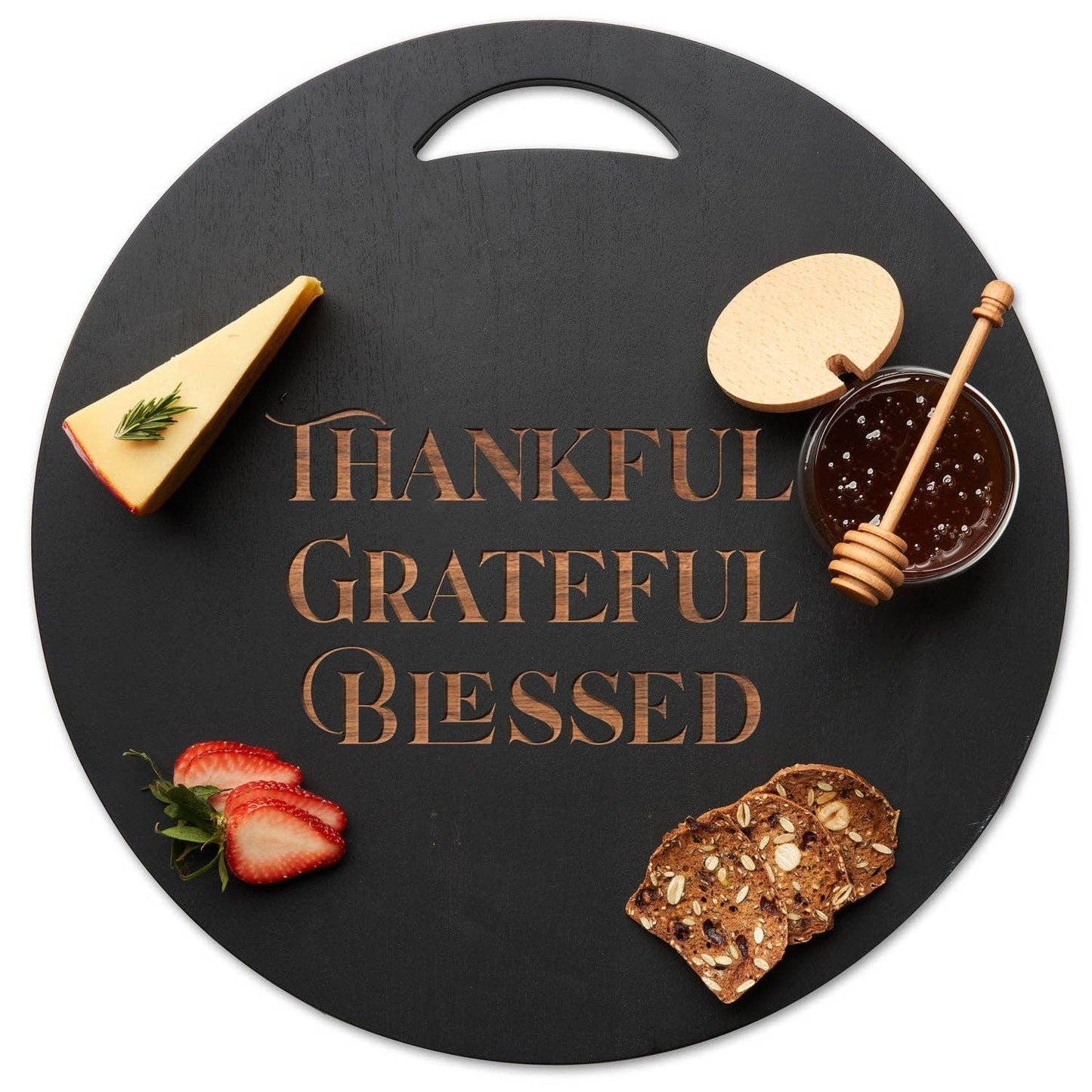 Black Acacia Round Board | Thankful Grateful Blessed | 17 x 17"| Sorella Amore