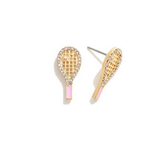 Rhinestone Tennis Racket Enamel Stud Earrings