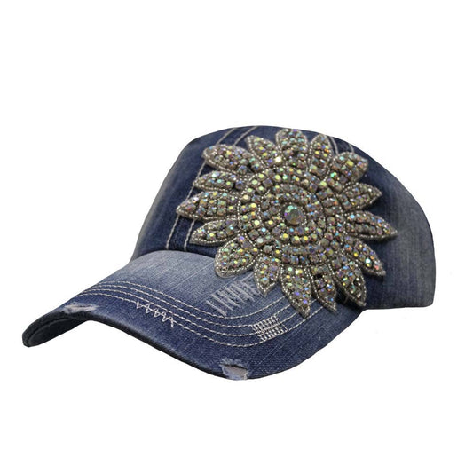 Demin Crystal Flower Vintage Cap